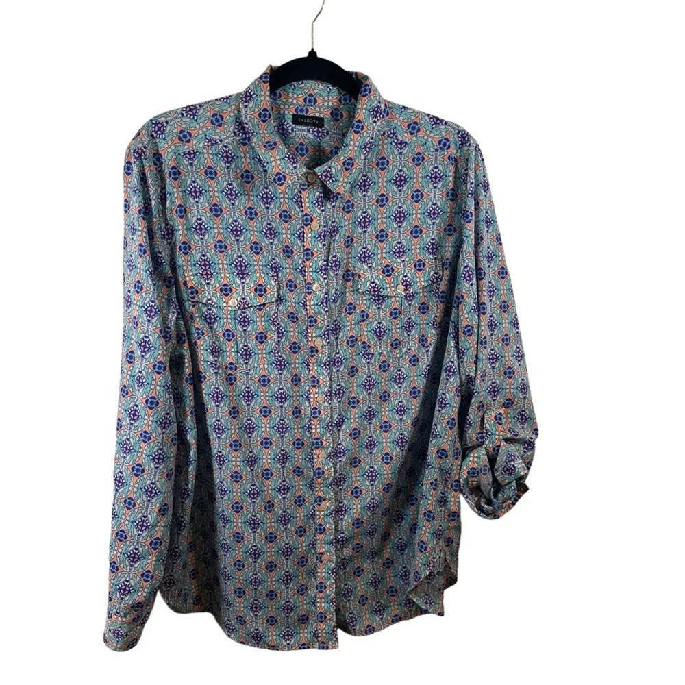 Talbots Plus Medallion Button Up Blouse Tab Sleeves‎ Blue Green and Peach Colors